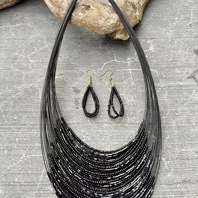 No .7 Black Glass seed beed Necklace & Earrings.webp