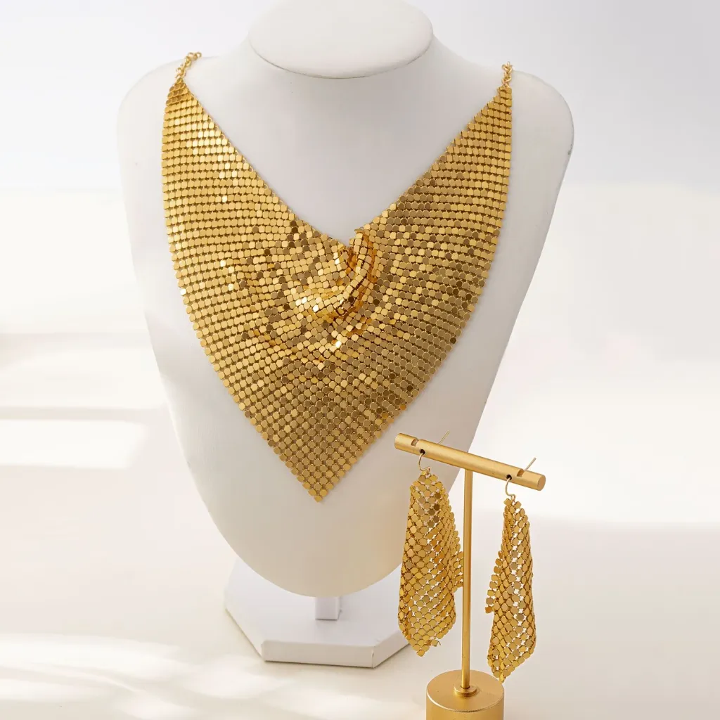 No.9 Gold Plated mesh Necklace& Earrings Set.webp