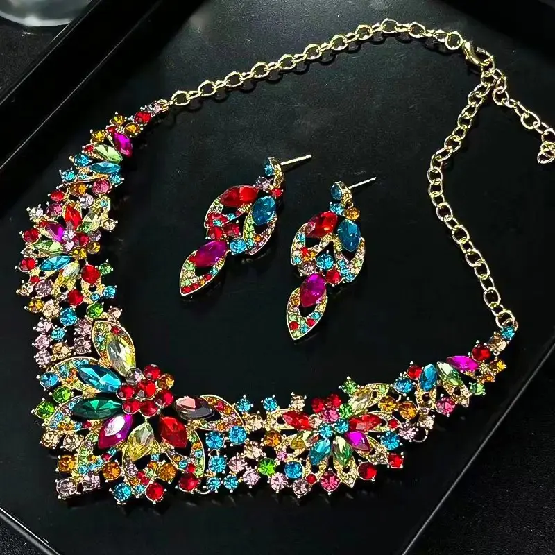 TM00109-Luxury Court Style Colorful Floral Necklace And Earrings 