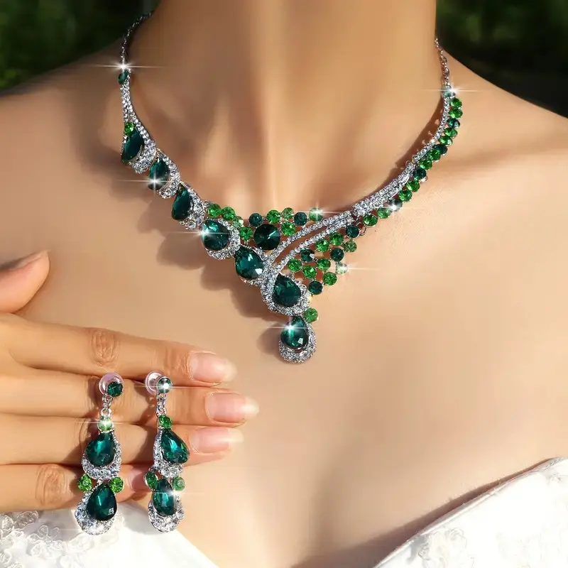 TM00089-Vintage Luxury Green Peacock Tail Inspired Jewelry 