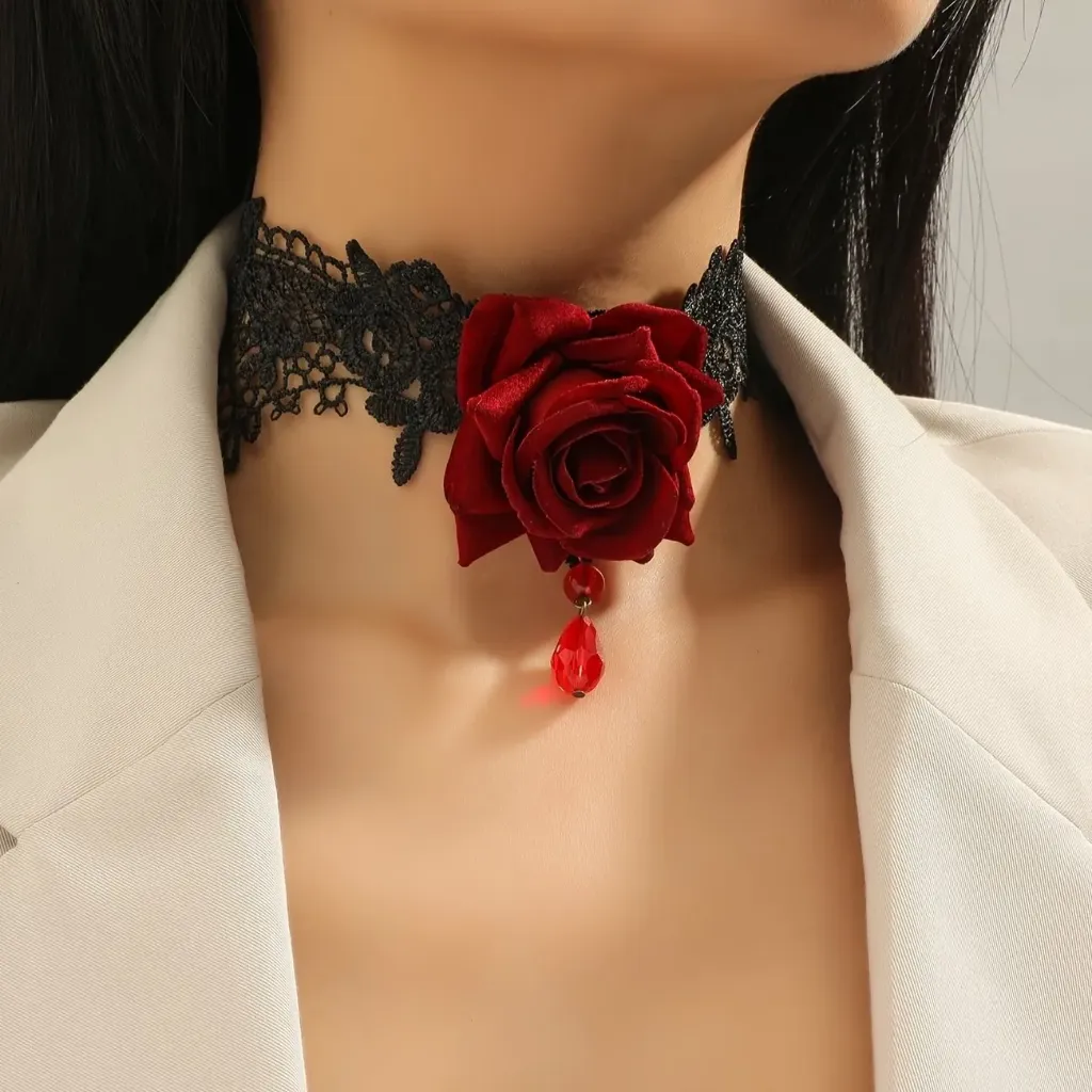 TM00132-Gothic Choker Necklace adjustable Black Lace