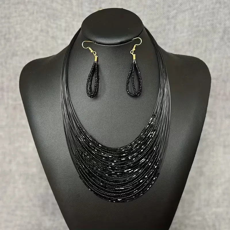 TM00135-Black Glass seed beed Necklace & Earrings
